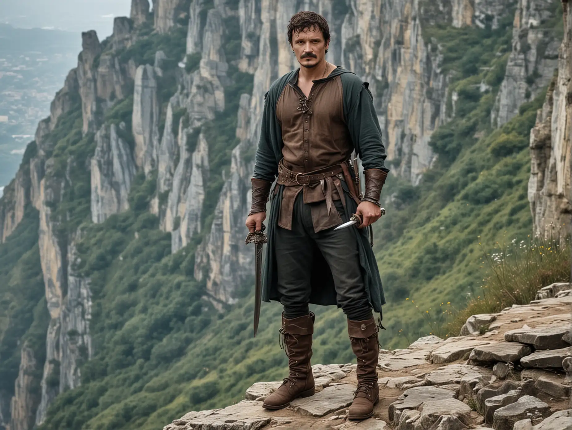 Pedro-Pascal-Medieval-Portrait-with-Sai-Daggers-on-Cliff-Edge