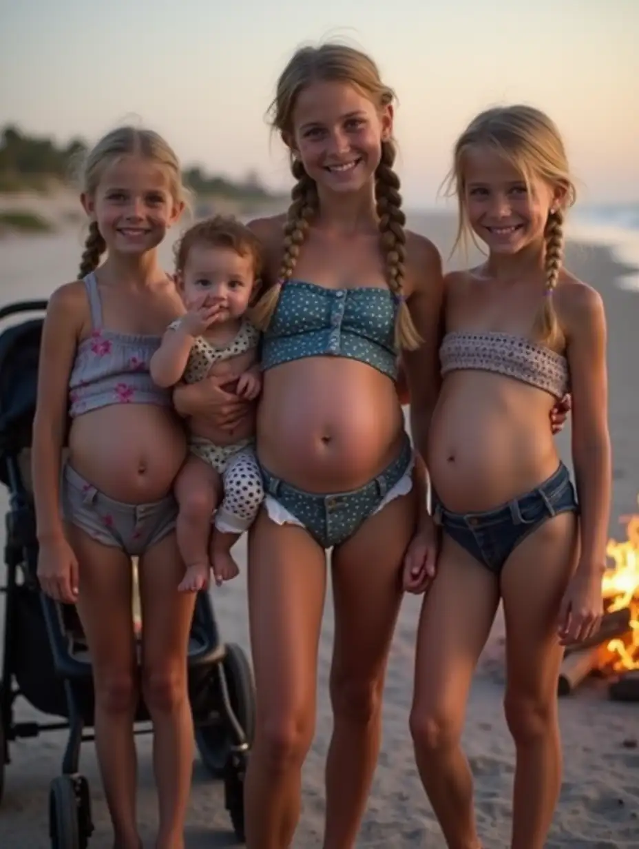 Young-Girls-with-Toddlers-on-Boardwalk-at-Twilight-with-Bonfire-in-Background