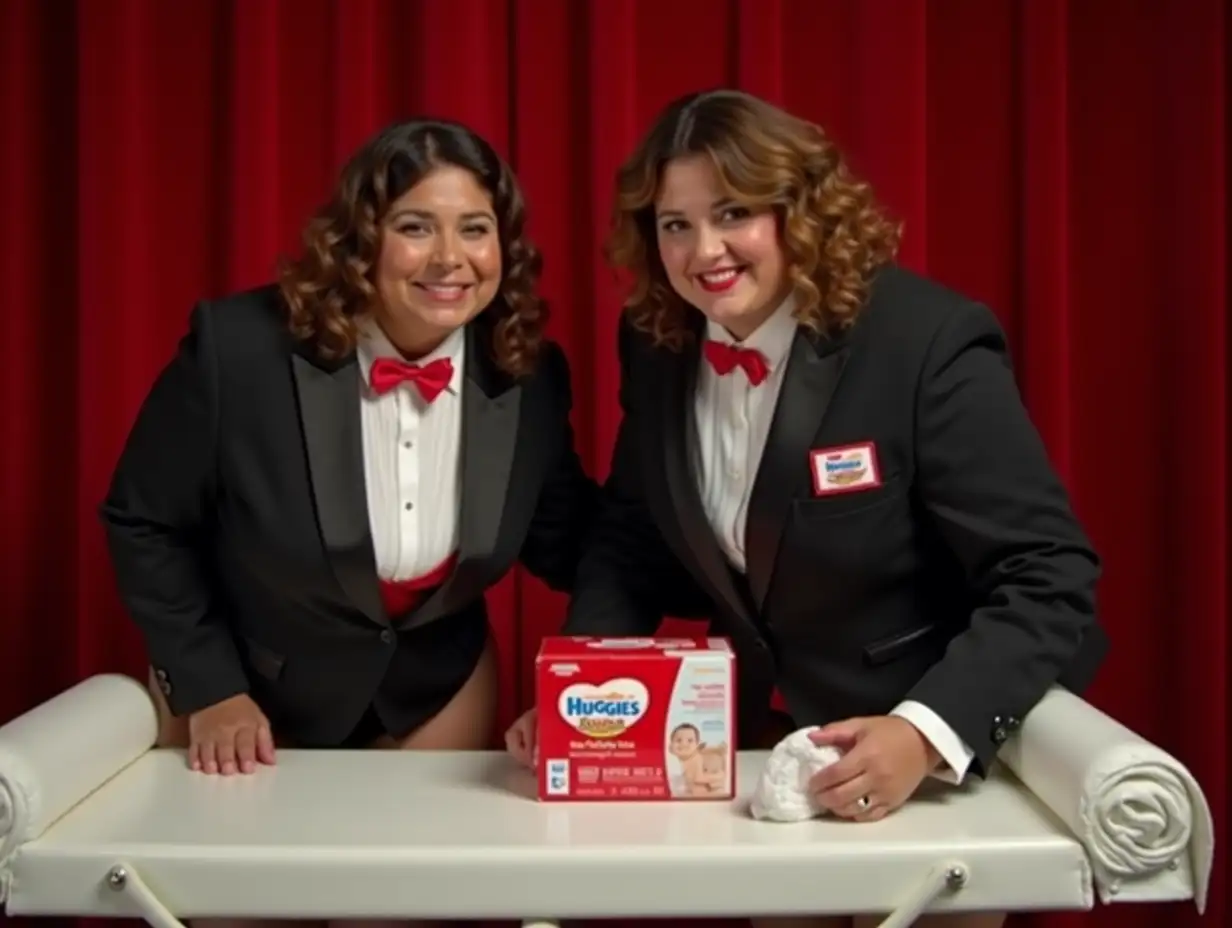 ((photo realistic)), (two matching sweet laughing middle-aged larger plump obese body type with large wide hips) ((Latina female women)), with mid-length light brown curly pulled back on sides 1980s hair with curly bangs, wearing a very formal orchestra concert tuxedo with (black long sleeve high cut cropped above waist Eton jacket with a red and white name tag with the Huggies logo), (((white tuxedo shirt, with tight very high standing wingtip collar, and many thick vertical pleats front))), (((red diamond point bow tie with red thick adjustable neckband))), red cummerbund, (((black very tight high cut spandex brief))), fishnets, (((looking at viewer while bending forward over a white padded changing table consisting of one medium sized white and red plastic rounded box of Huggies Diapers, while holding up a bright white mid-sized folded plastic backed disposable diaper in her hand, on a stage, with a red curtain backdrop))), (((very close up pov front view)))