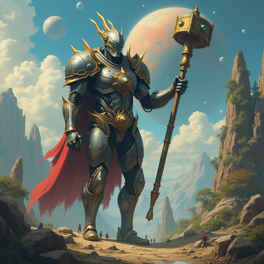 Hyperrealistic portrait of a 10 meter tall armored metal alien king with hammer in hand on an island with many different strange beings, intricately detailed, colorful forested planets in the background