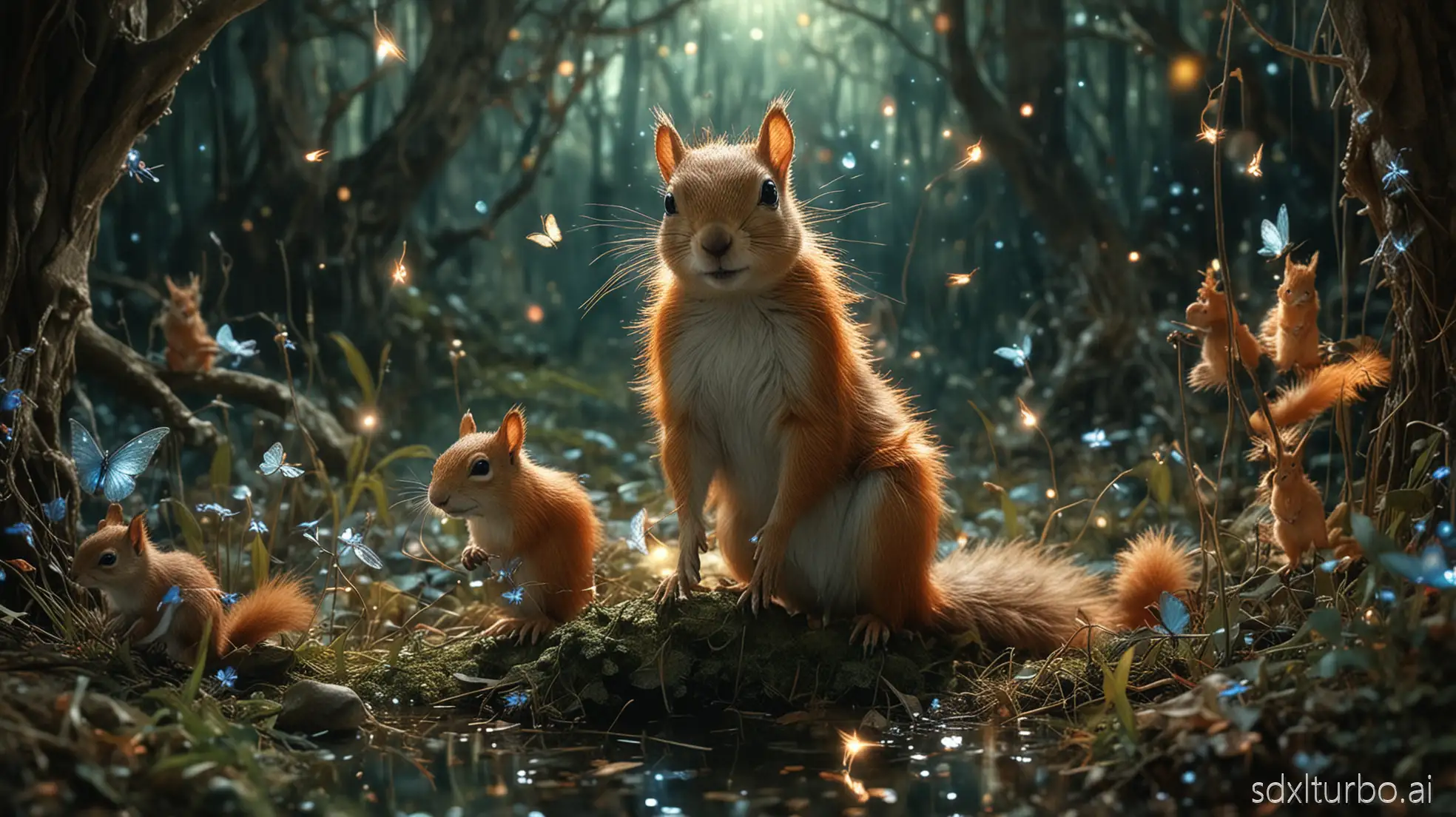 Surreal whimsical, fairy and cute creatures occupy a dreamlike atmosphere in a close-up photograph, intricate details and magical lighting enhancing their ethereal presence, fantasy concept art by Brian Froud and Alan Lee with vibrant colors, mystical ambiance, shot on Kodak Gold 400, 8k resolution, fairy dust, female body visible including legs and bare feet, fireflies, furry squirrels are nearby