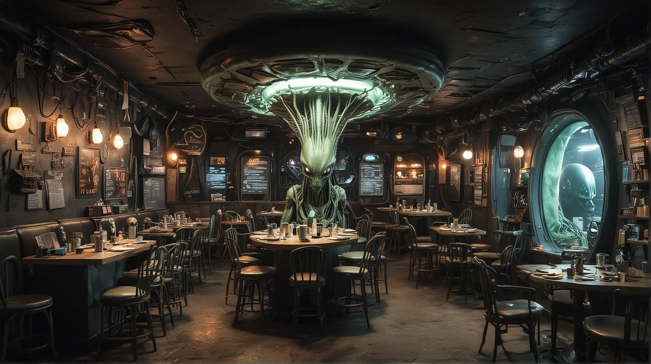 Alien Cafe Scene with Extraterrestrial Customers and Futuristic Interior Design