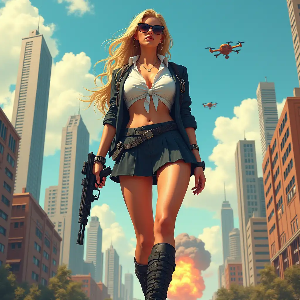 Wide-angle digital painting, (Beautiful large breast woman in stylish school uniform, combat boots, very extreme midriff showing, short skirt, and sunglasses : 1.3), Triangular composition, Dynamic full-length pose, Confident expression, (Armed mercenary: 1.3), Gun grip, Supporting pose, City background, Skyscrapers in the distance, nuclear explosion in extreme distance, two small targeting drones above, (Bright sunlight: 1.2), Sharp contrasts, Bold colors, Clear details. female mercenary in cool cyberpunk style in colorful fantasy style, realism, post-apocalyptic landscape, cartel, bald rod, oil painting, rod Nostalgia, strong emotions, low angle, high detail, sharp focus