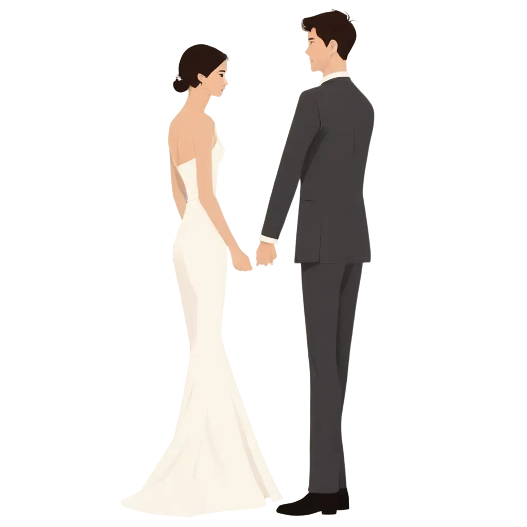 a groom and a bride looking forward, minimalist style as if it were a drawing, simple design