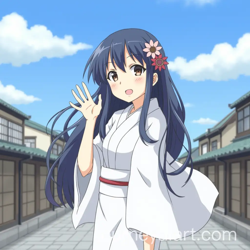 Hinata-Hyuga-in-Traditional-Kimono-Waving-in-an-Old-Japanese-City