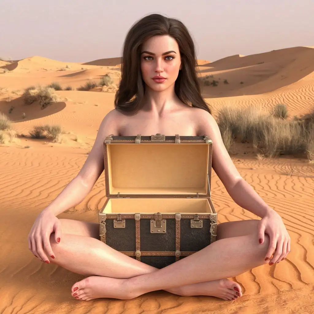 Realistic-Portrait-of-a-Woman-with-Dark-Brown-Hair-Sitting-in-Desert-with-Box