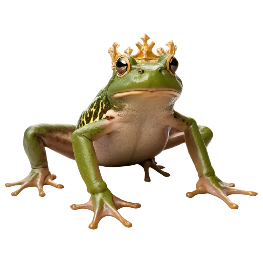 High resolution photo of a smiling, green frog with a golden crown on its head, sitting on the edge of a table and dangling its legs