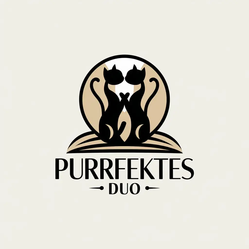 a vector logo design,with the text "Purrfektes Duo", main symbol:The logo of Purrfektes Duo embodies the cheerful and affectionate spirit of cats. The brand name is written in elegant and modern letters, with 'Purrfektes' being bold and a soft color like sky blue, while 'Duo' stands out through a vibrant complementary color like warm orange, creating an appealing contrast.nnAbove the text is an emblematic symbol that captures the essence of the product: two silhouettes of cats playing, their shapes intertwined to emphasize the connection between feeding and hydration. The silhouettes are playful and dynamic, with flowing lines that convey a sense of movement and energy.nnEverything is embedded in a soft circle, symbolizing unity and companionship and evoking a warm space where animals feel comfortable. This captivating logo immediately draws the eye and invites animal lovers to discover a unique care experience with Purrfektes Duo.,Moderate,clear background