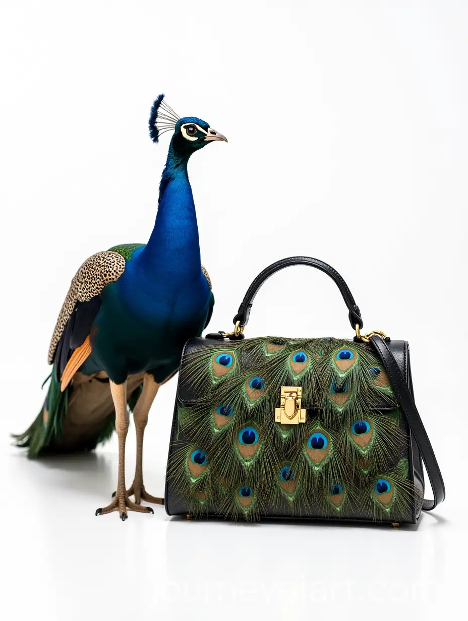 Luxury-Handbag-Crafted-from-Peacock-Feathers-with-Real-Peacock-Displaying-Tail-Feathers