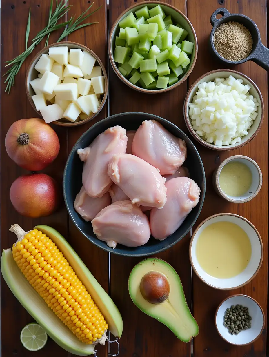 A rustic wooden table is beautifully set with the ingredients for a hearty soup: a pile of skinless chicken thighs, a bowl of chopped onion, a container of chopped celery, granulated chicken bouillon, dried guascas or thyme, a colorful mix of peeled and diced potatoes, sliced corn on the cob, and a small dish of lime juice. Additionally, a cup of creamy dairy and accompaniments like chopped avocado and a sprinkle of capers complete the arrangement. Each ingredient is presented in its own container, clearly visible and unprocessed.