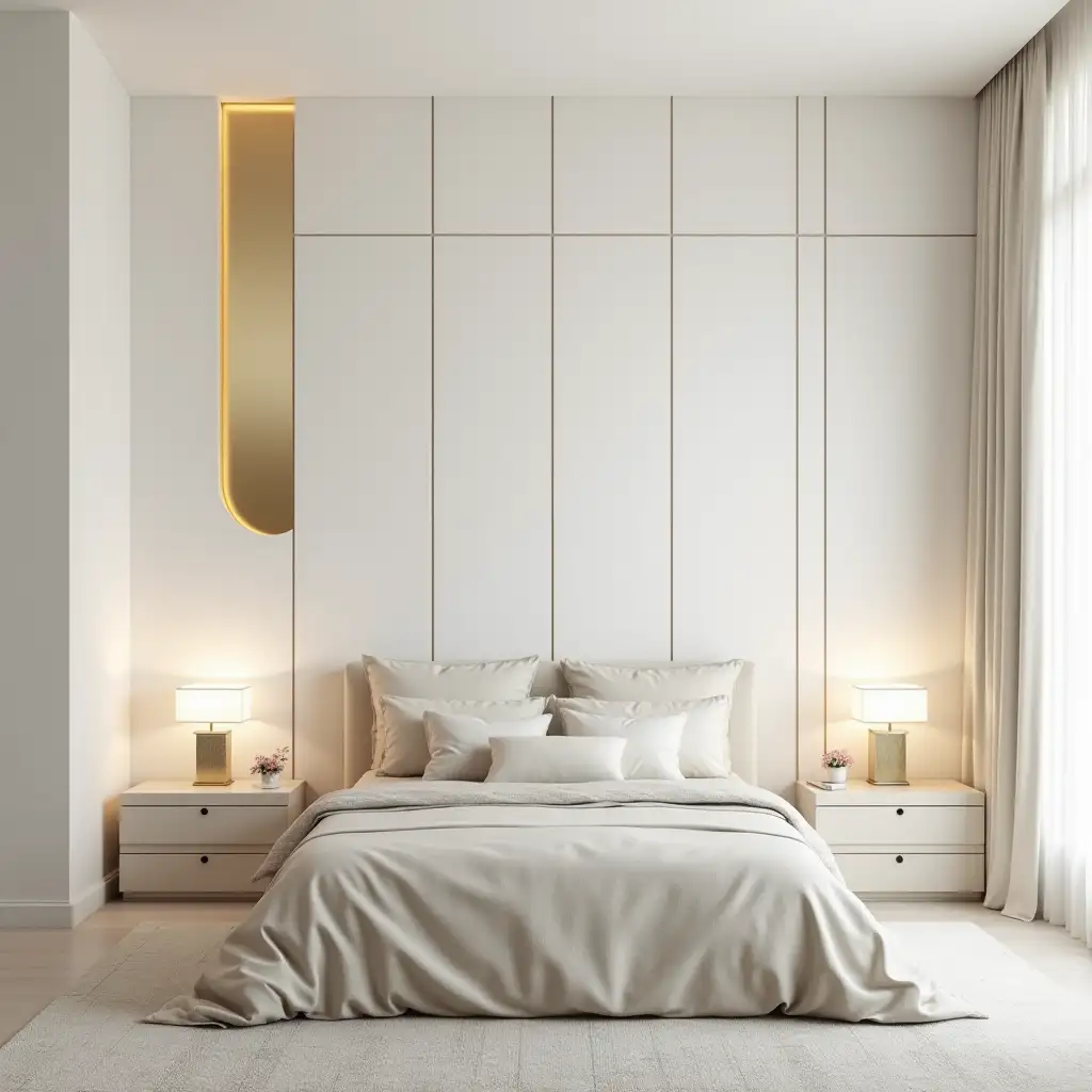 A large modern style bedroom, in white colors, wall in the background with white square panels, between the panels different shapes, a golden insert in the middle of beige bed with soft headboard, on the wall rectangular light fixture