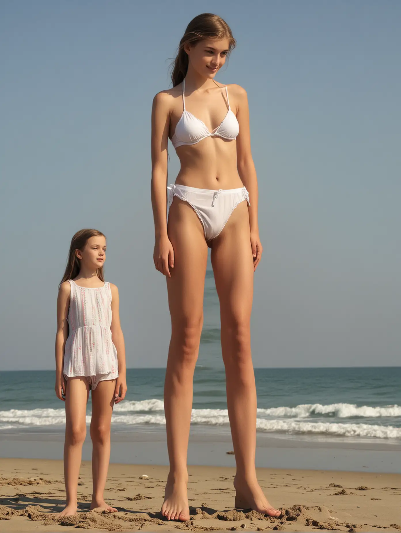 "tall towering giant 13yo girl towering leggy model cute innocent face" "giant 13yo girl taller than little old man"
"little old man at beach with giant girl"
