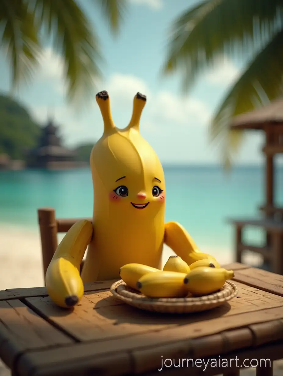 Whimsical-Anthropomorphic-Banana-at-Bamboo-Table-with-Tropical-Beach-Background