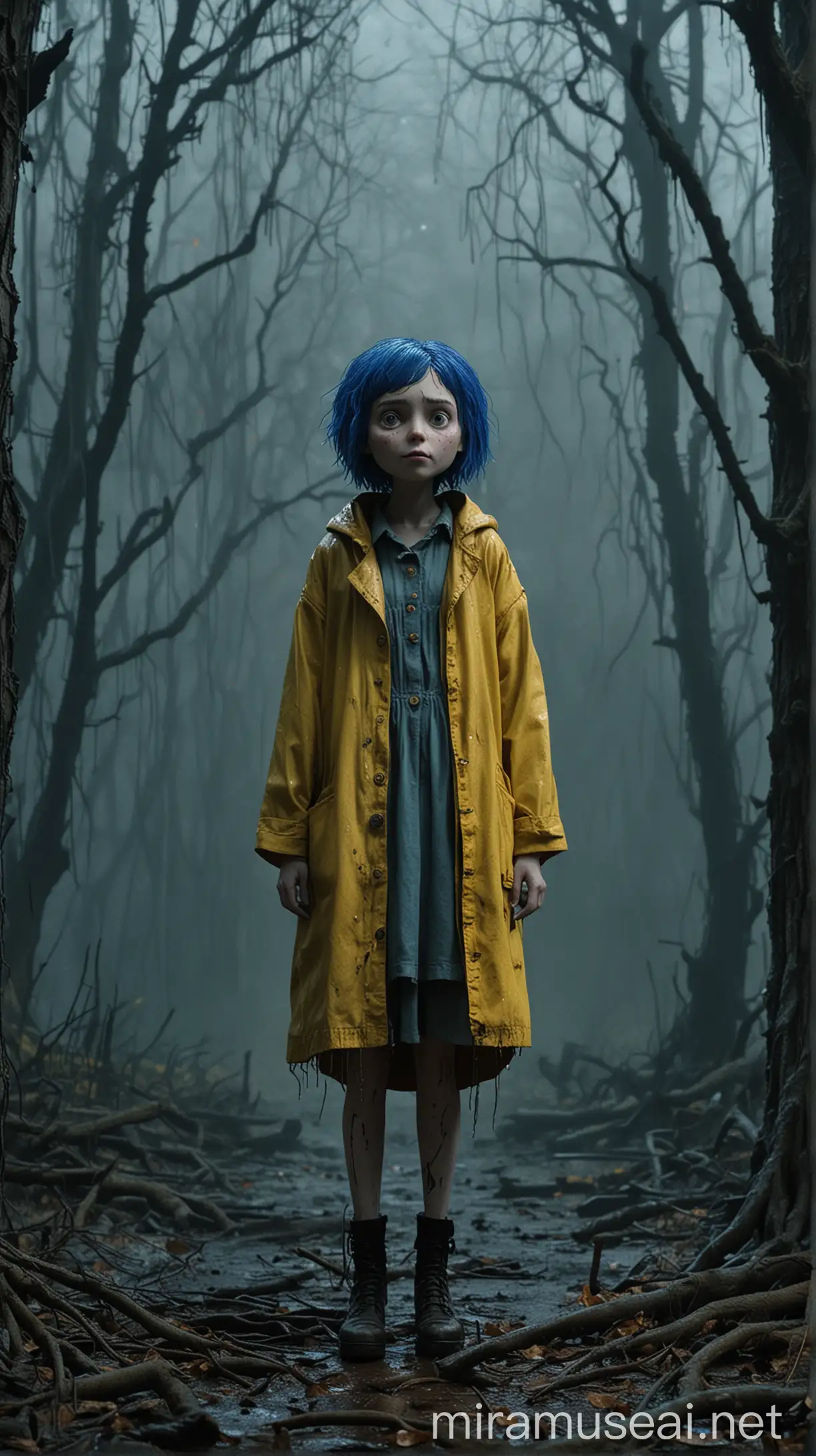 Alone in Misty Forest Coraline in Tattered Yellow Raincoat