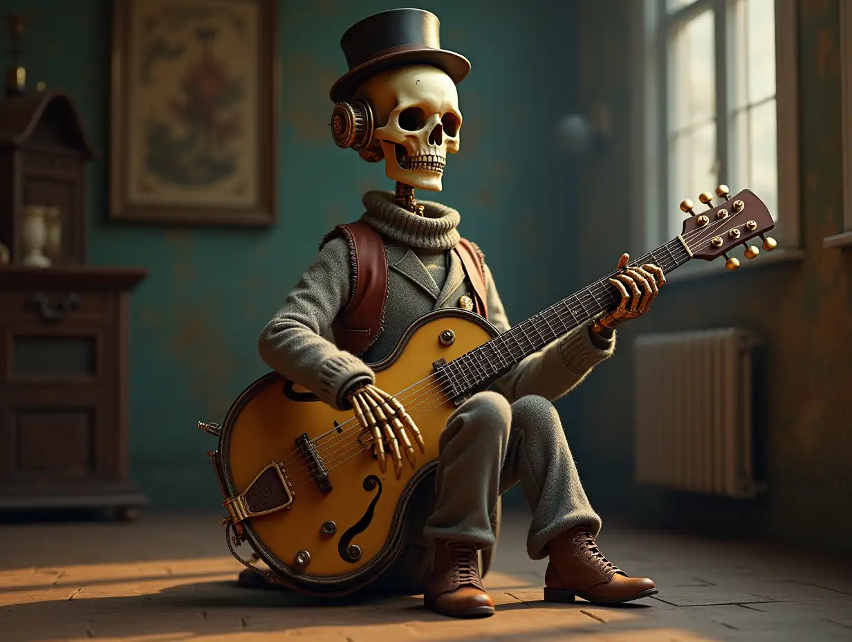 Create a high-resolution, realistic image of a robot with a skeletal body, golden porcelain hands and head, a sweater, a Steampunk top hat, and a contrabass on the floor in 4K resolution (Steampunk 8K quality)