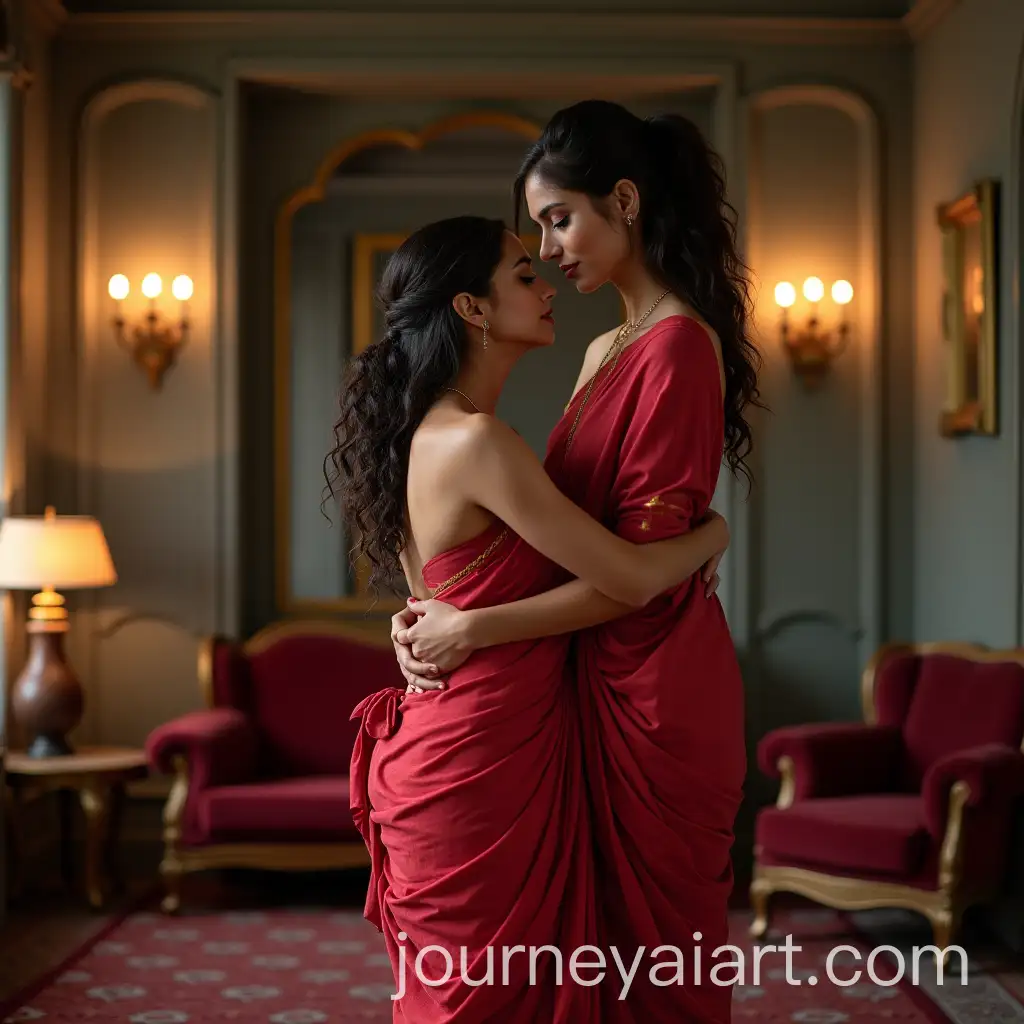 Emotional-Portrait-of-a-Beautiful-Woman-in-Elegant-Saree-with-Curly-Hair-in-Luxury-Photo-Room