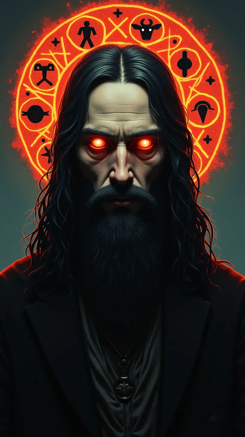 Mystical Rasputin Portrait with Glowing Eyes and Halo of Strange Symbols