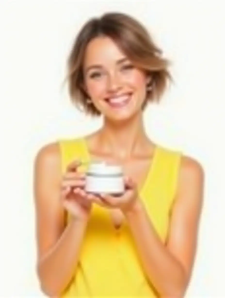 A realistic European-looking woman in a yellow sundress with a beautiful fashionable short haircut is smiling, she has a clean face, she holds an open jar of cream in one hand, the background is white. There are more or less five fingers on the hand