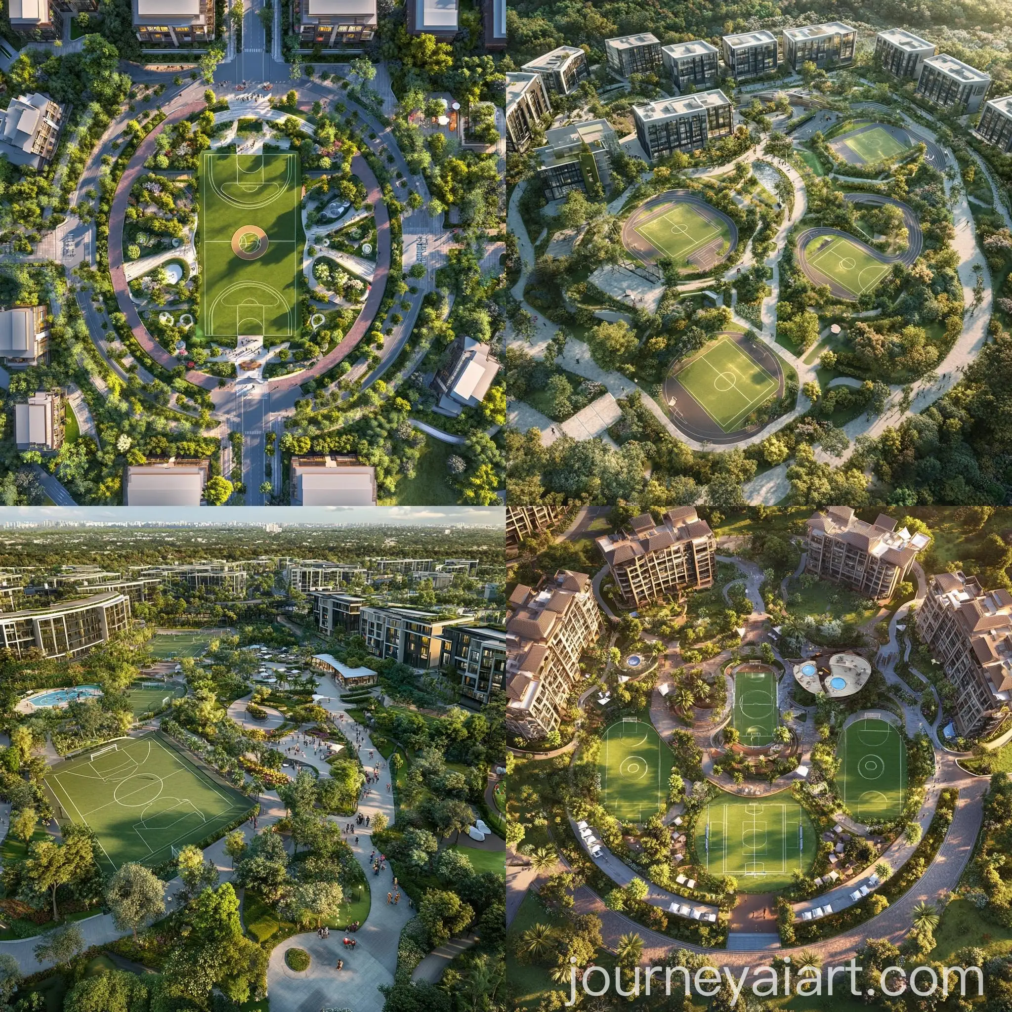 Aerial-View-of-Luxury-Sports-and-Leisure-Complex-with-Central-Pathway-and-Hotel-Buildings