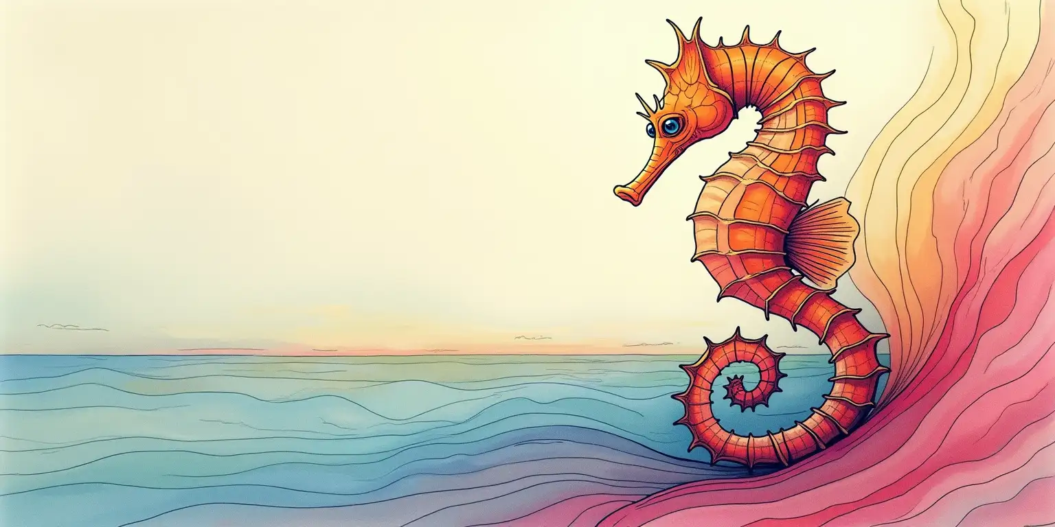 line drawing surreal in the style of salvador dali in a gradients of natural colors seahorse in the midground on one side of the image