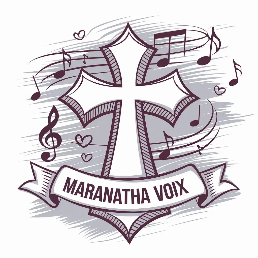 LOGO Design for MARANATHA VOIX Central Cross with Musical Elements Hearts and Curved Banner in Sketch Style