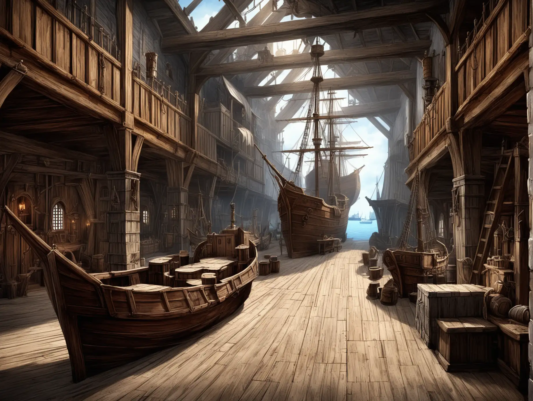 Fantasy-Medieval-Ship-Port-Dockyard-Inside-Building