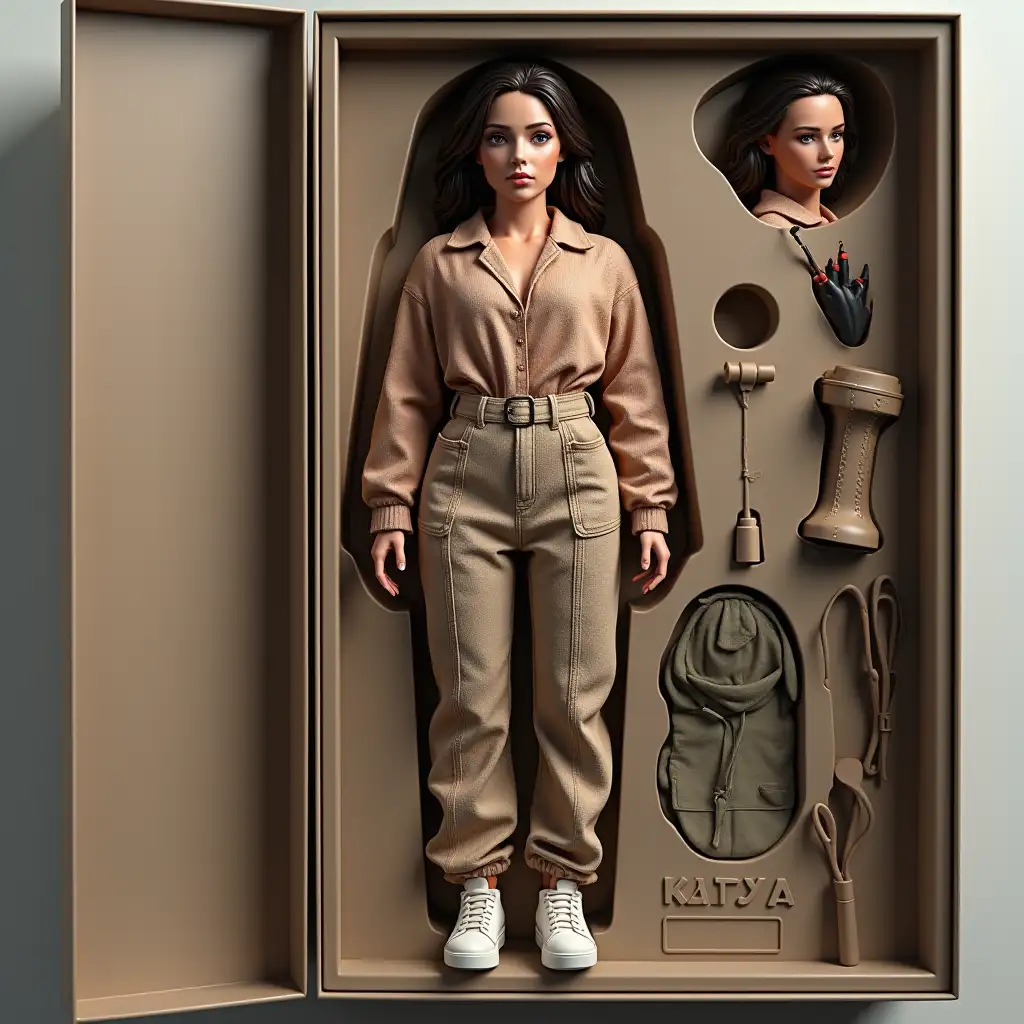 Create art: A 3D doll in the style of Bretz, made of soft touch plastic.The character is full-length, repeating the appearance and outfit from my photo.Copy every detail.:hairstyle, lips, eyes, facial features and proportions.The clothes are exactly the same, with acne style and texture.The doll lies in a plastic recess that follows its silhouette.Create a collectible action figure of a man like an expensive toy in a package.Style:as realistic as possible, as for a story advertisement (ratio of 9:16) Name: Katya - the letters will be sharp and engraved on the box.Accessories in the inside of the box:The accessories that suit my atmosphere and character are laid out next to the doll in their proper places, in separate cells.