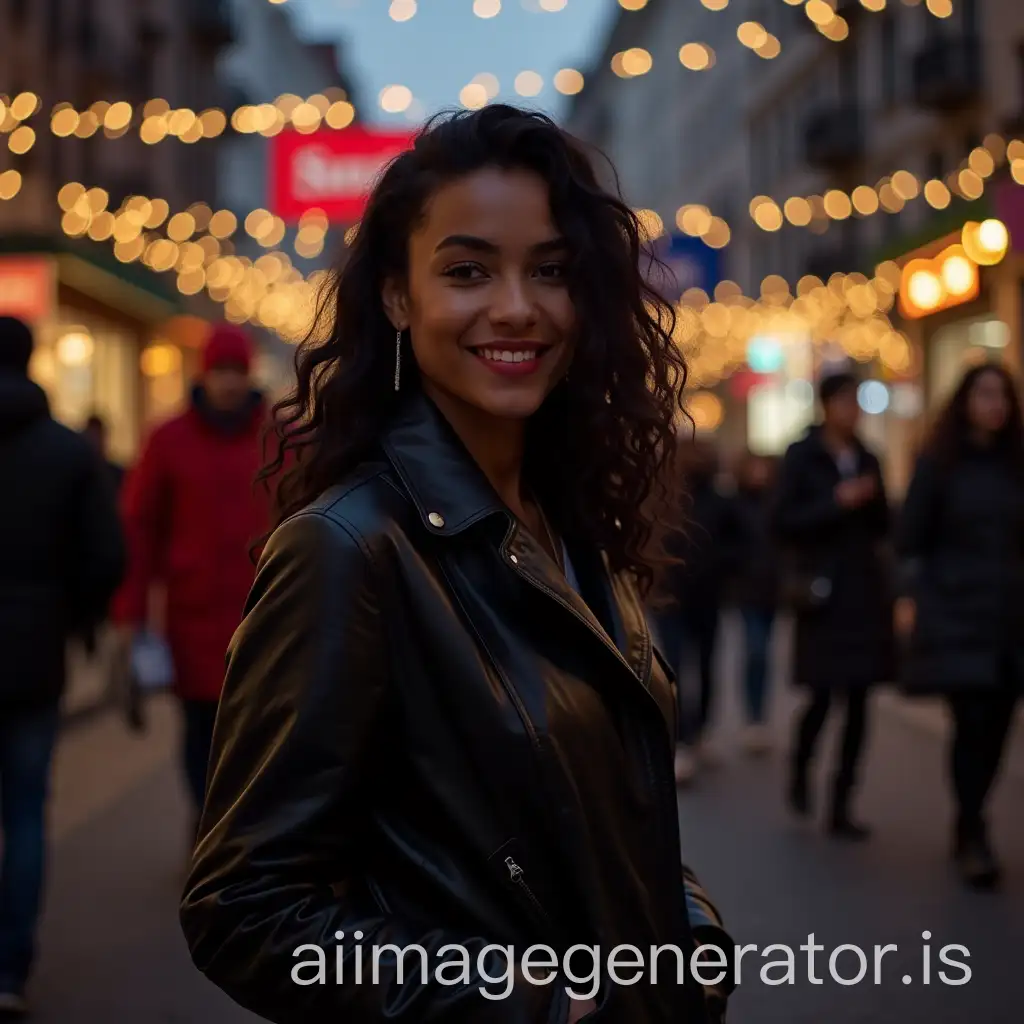 Young-Black-Woman-Walking-on-a-Christmas-Street-at-Night