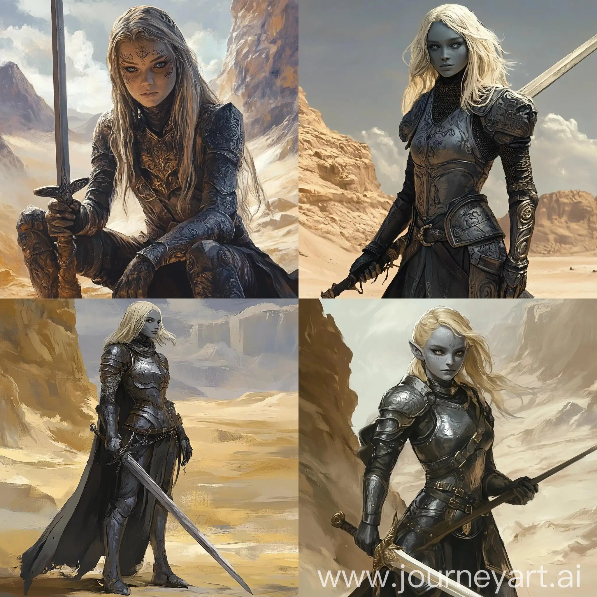 Fantasy-Girl-Warrior-in-Gray-Stone-Skin-and-Maori-Tattoos-Holding-Sword-in-Desert-Mountains