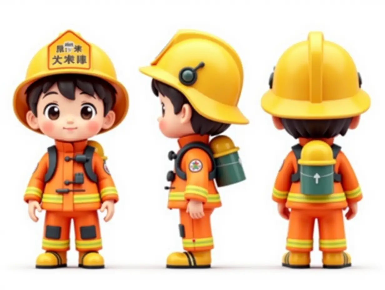 An IP character design themed around a forest firefighter, created in Pop Mart style with a cute and chibi-like proportion, featuring an oversized head and expressive, playful facial features. The firefighter wears bright fire-resistant gear with orange and yellow as the primary colors, complemented by reflective strips. The details are rich yet maintain a clean and simple aesthetic. Accessories include a mini water tank backpack, a cartoon-style axe, and a helmet with a built-in respirator and subtle Mongolian cultural patterns as decorative accents. The design includes a highly detailed three-view illustration (front, back, and side) to showcase every angle of the character. The background is pure white to emphasize the character’s 3D feel and vibrant colors. The design combines functionality with collectible appeal, perfect for a Pop Mart series figure.