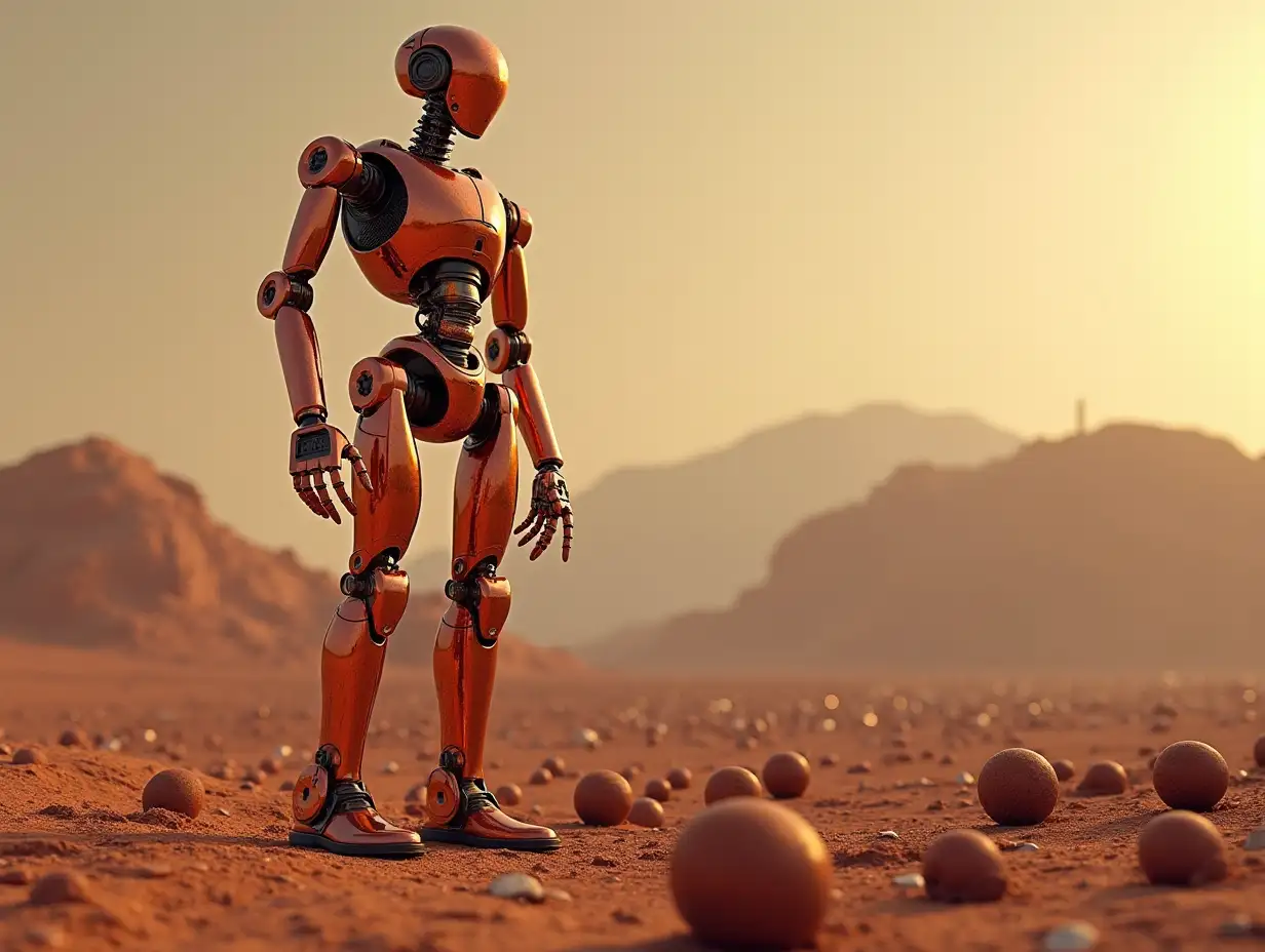 Create a high-resolution, realistic image of the artificial intelligence Robert, 40 meters tall, with small robots, made of red gold, screws with many rusty glass balls on the ground, on Mars 4k resolution with