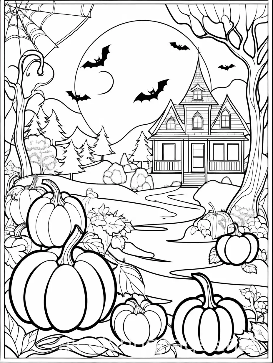 Spooky-Halloween-Coloring-Page-with-Spiders-Pumpkins-Bats-and-Ghosts