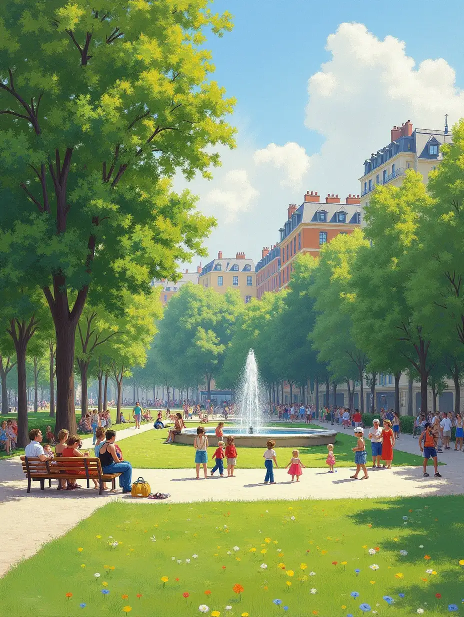 A lively urban park in the heart of a city, where lush trees and green lawns provide a contrast to the surrounding buildings. People relax on benches, while children play near a fountain. The scene captures the intersection of nature and urban life, echoing the vibrant, light-filled style of Camille Pissarro.