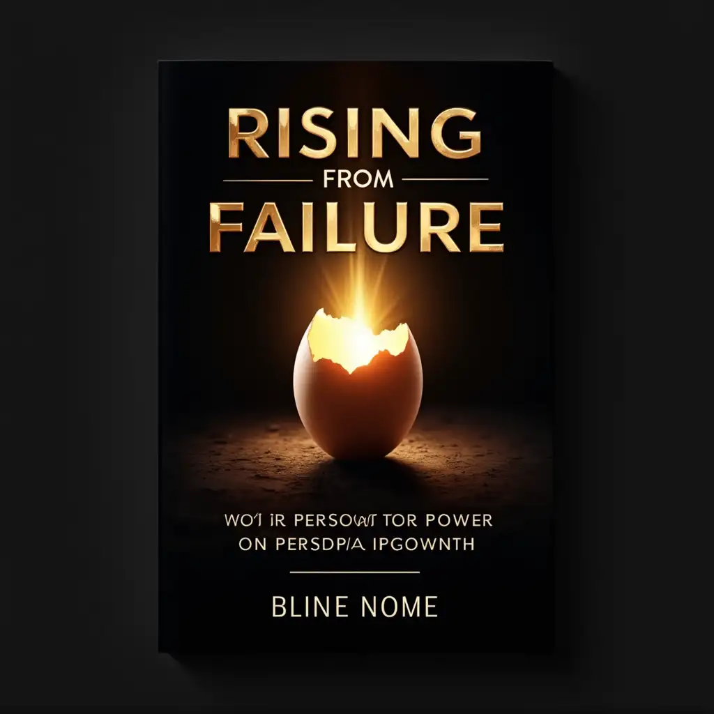 Create a cover for Rising from Failure: Your Personal Growth that features an egg cracking open from the top, with a radiant, glowing light emanating from the crack. The egg symbolizes the potential for growth and transformation, while the light represents the dawn of a new beginning. The dark background emphasizes the journey from darkness to light, symbolizing the transformative power of failure. The title and author name should be prominently displayed in gold, with an elegant serif font that conveys authority and wisdom. The overall design should be professional, visually appealing, and resonate with readers seeking guidance on turning their failures into opportunities for growth and success.