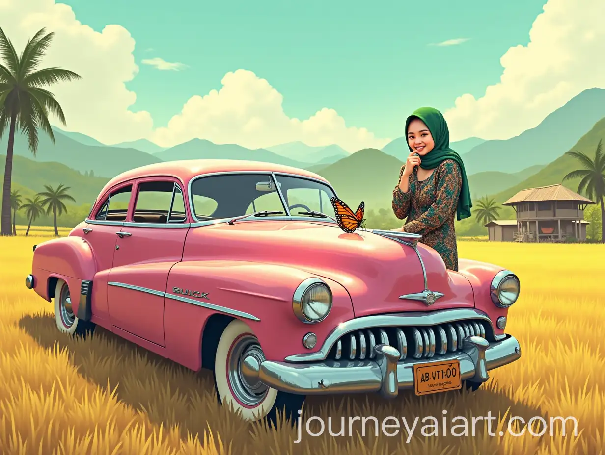 Malay-Woman-in-Batik-Dress-Leaning-on-Pink-Buick-with-Paddy-Field-Background