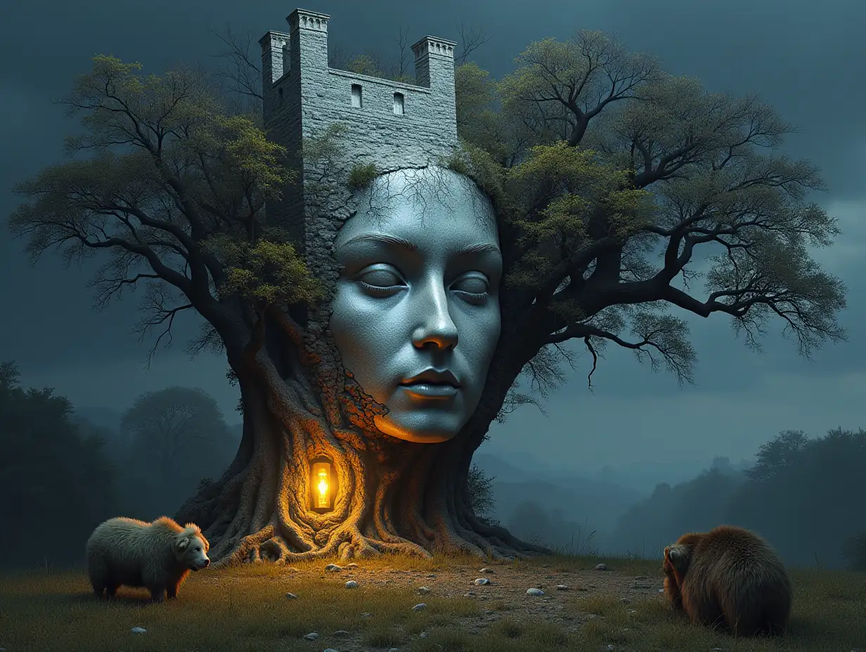 Face with hair transformed into building with silver stone and Illuminated trees with roots and lamp on a meadow with animals looking at the viewer