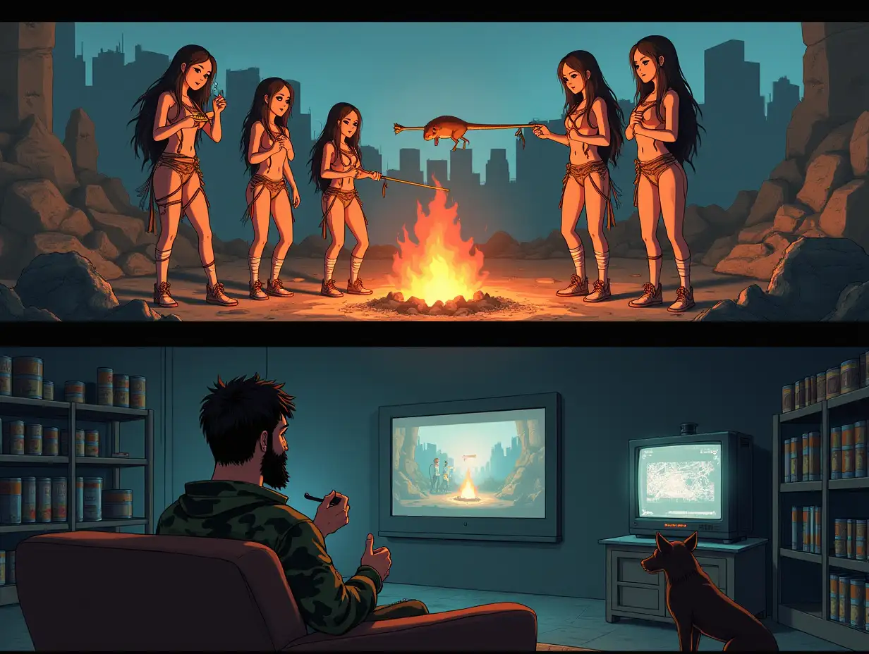 user_prompt: The image is divided into two parts horizontally. At the top, on the ground among ruins, a group of three glamorous women in tattered rags, who are vagrants, roast a rat on a spit over a fire. Below, from the bunker, a bearded man in camouflage sits on a couch, eating canned stew with a spoon while watching this scene with interest on a monitor screen, with a dog sitting next to him. Along the wall of the bunker are shelves with rows of cans of canned goods. Style is anime.