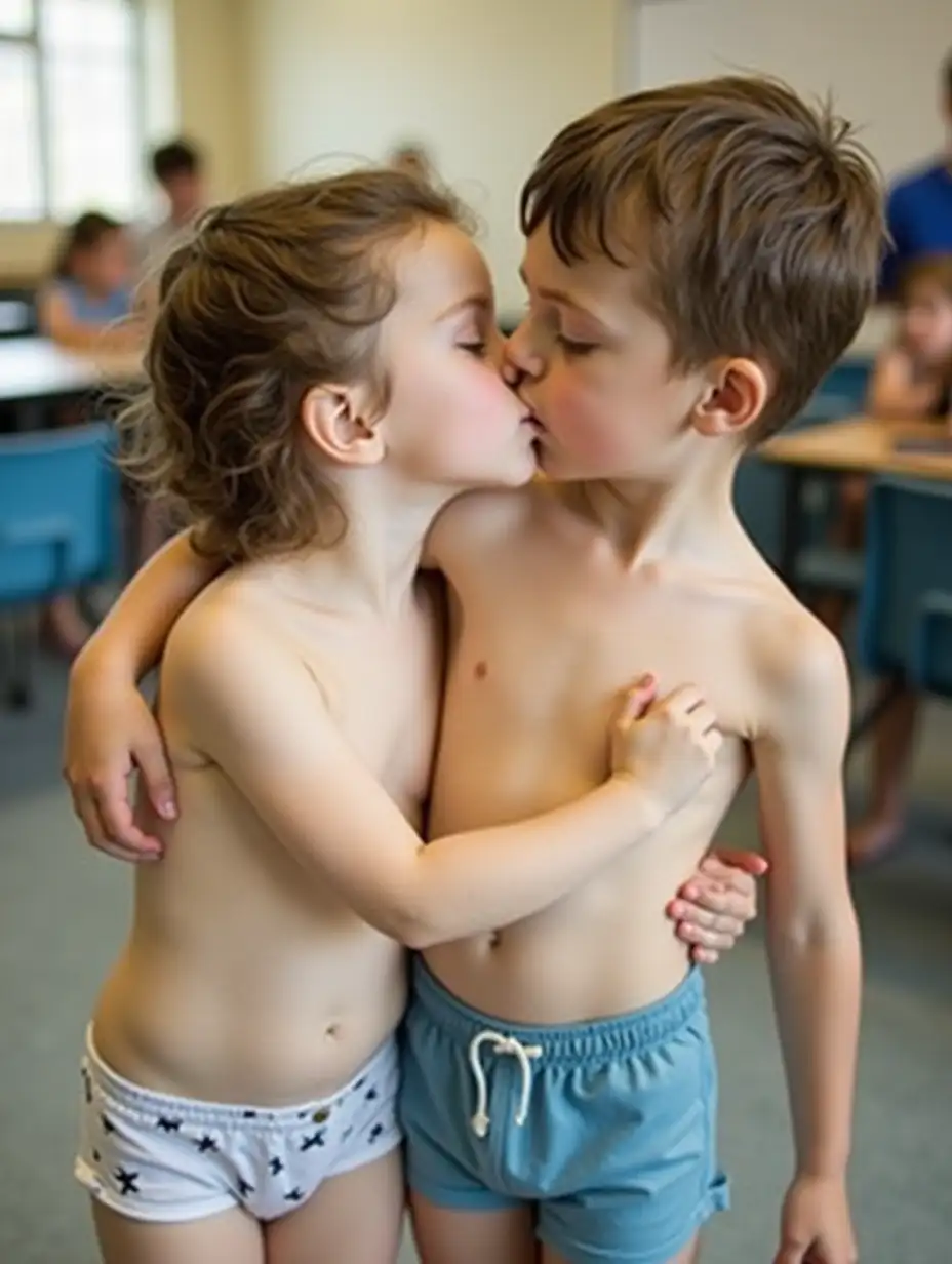 Adorable-Little-Girl-in-Cream-Body-Paint-Hugging-Boy-in-Blue-Swim-Trunks-in-a-Cheerful-Classroom