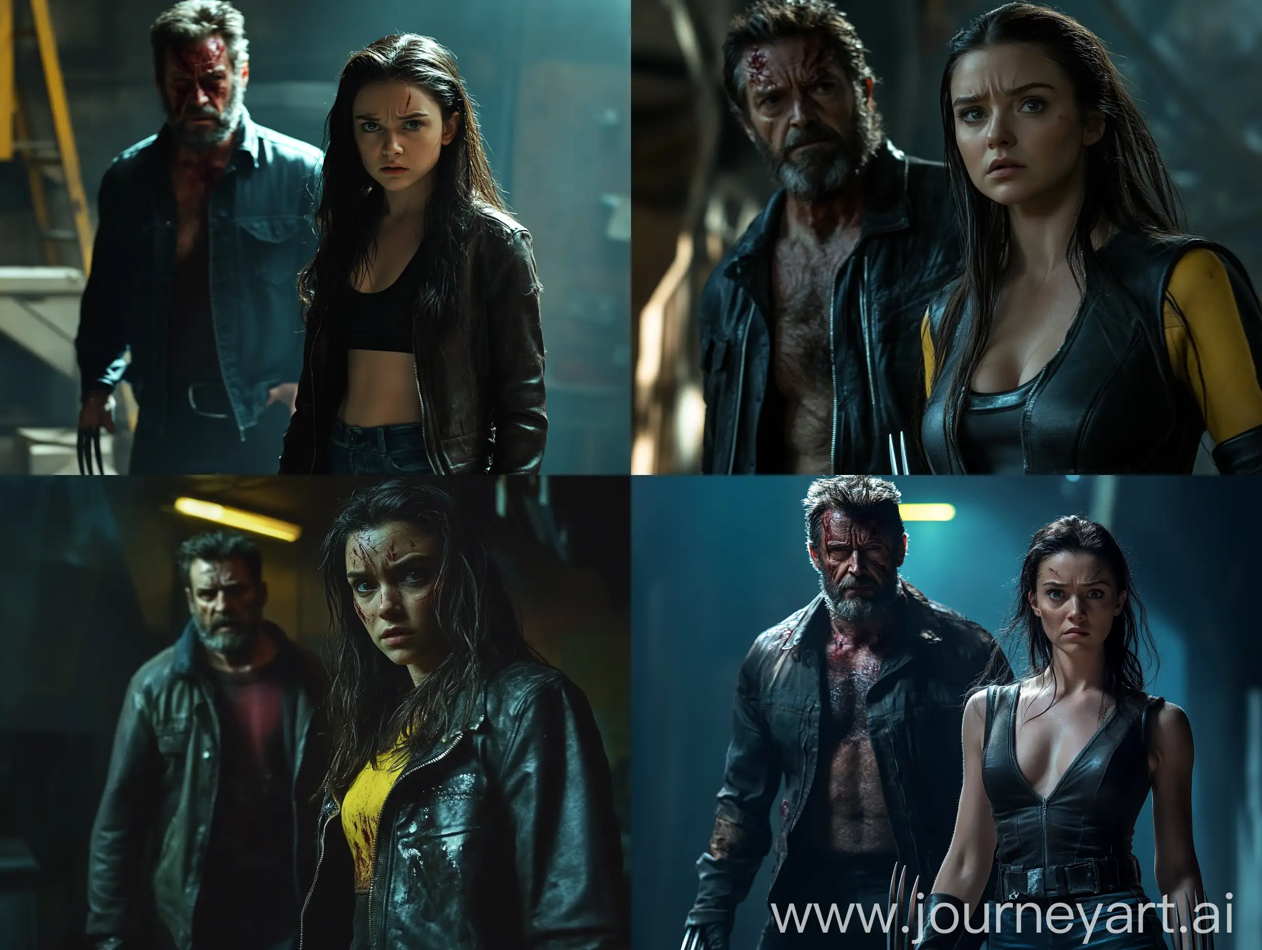 Dafne-Keen-as-X23-and-Hugh-Jackman-as-Logan-in-Urban-Battle-Scene