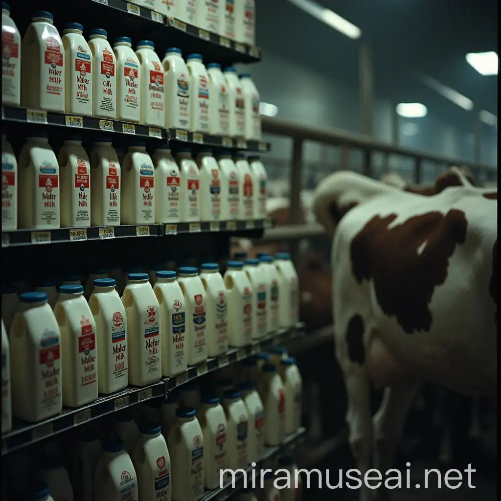 A supermarket shelf full of milk packages, where instead of 'Cow milk', it says 'Mother's milk'. The packaging looks like regular milk brands, but the labeling is confusing. In the background, there's a factory farm with cows packed closely together in a dark, unsanitary barn, looking sad. On one side of the image, artificial insemination is taking place – a human hand holding an instrument near a cow's behind. The scene should make you reflective, with a gloomy, realistic color scheme.