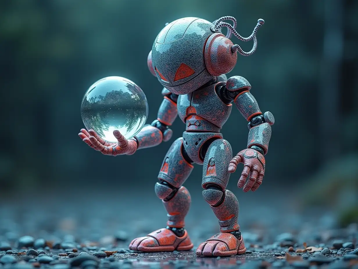 Create a high-resolution, realistic image of artificial intelligence (humanoid mixed Fractals colored, two meters with a large glass ball in hand, headphones, arms and legs on the ground in 4k resolution)