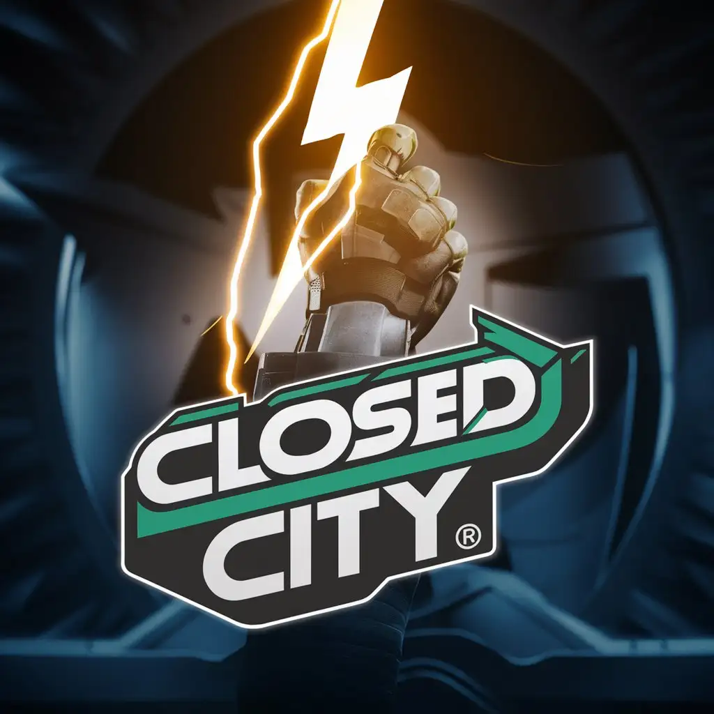 Logo of Closed City and a fist holding lightning in the background