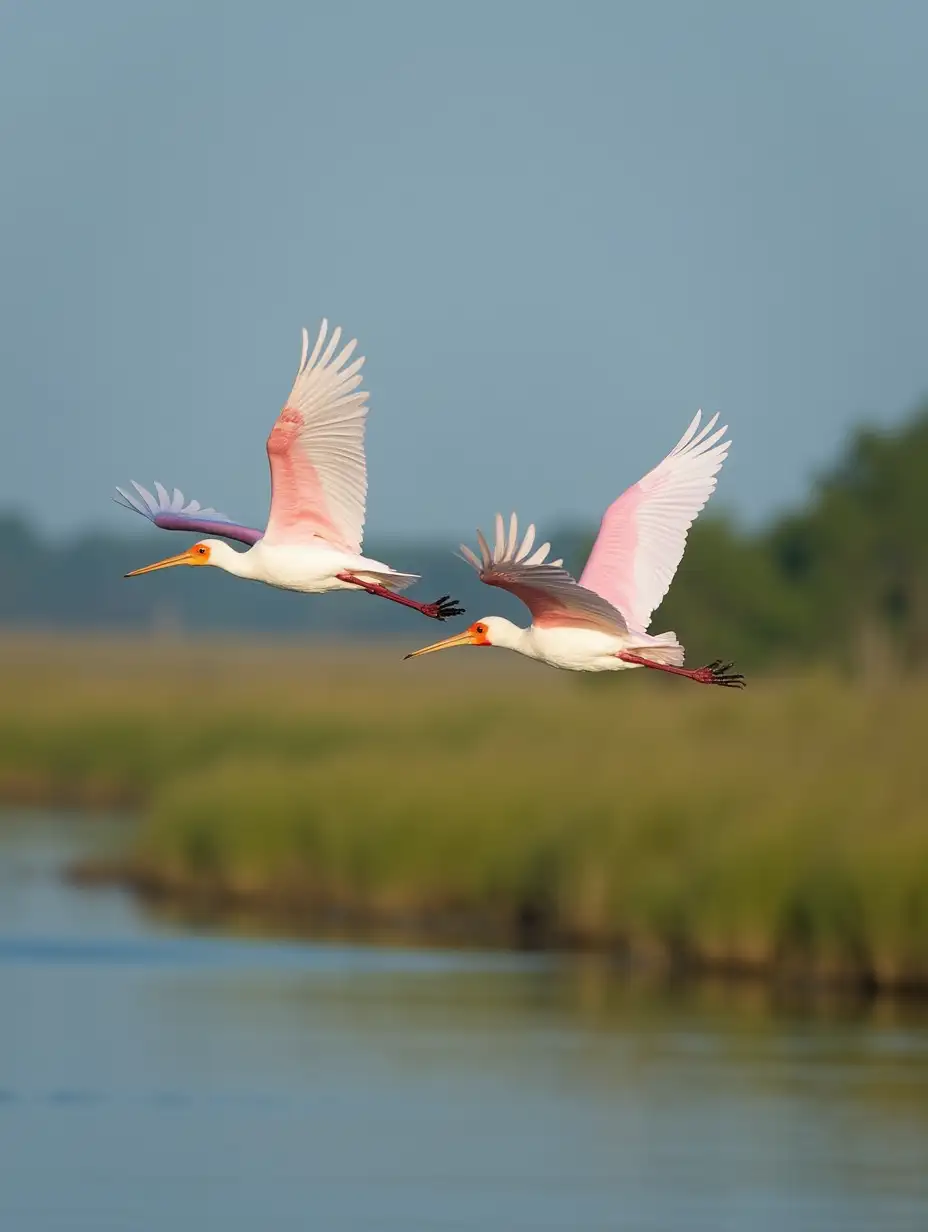 Closeup of two spoonbills flying over a lowcountry marsh