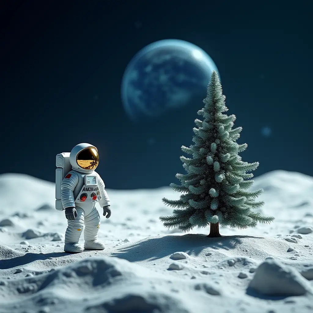 moonscape with the earth visible on the horizon, there is an astronaut in a space suit with a name tag ANDREA on the moon surface, and there is a Christmas tree in a modern futuristic style on the moon surface