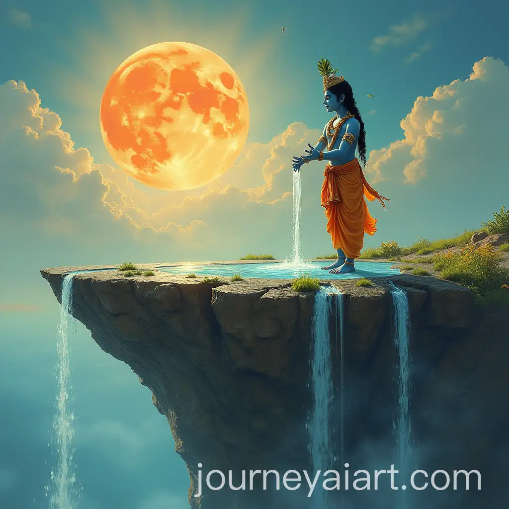Side-View-of-Flat-Earth-with-Water-Pouring-from-the-Side-Featuring-Krishna-and-Radha