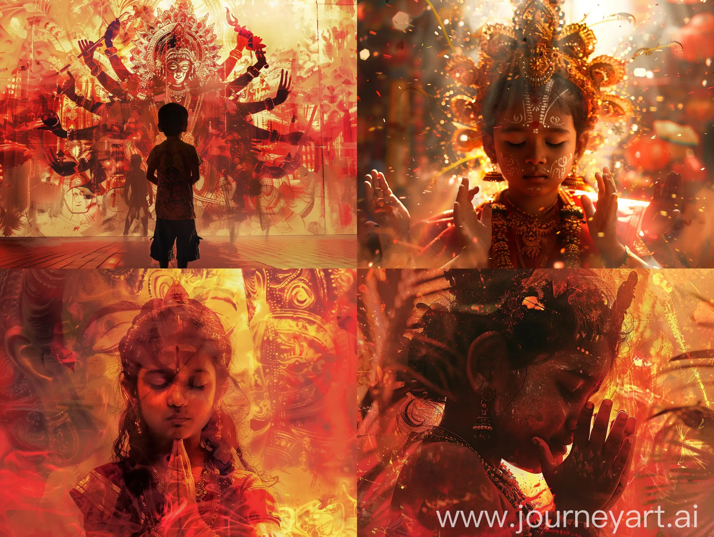 Kid-Worshipping-Feminine-Durga-Devi-in-Reddish-Tinted-Surreal-Impressionist-Scene