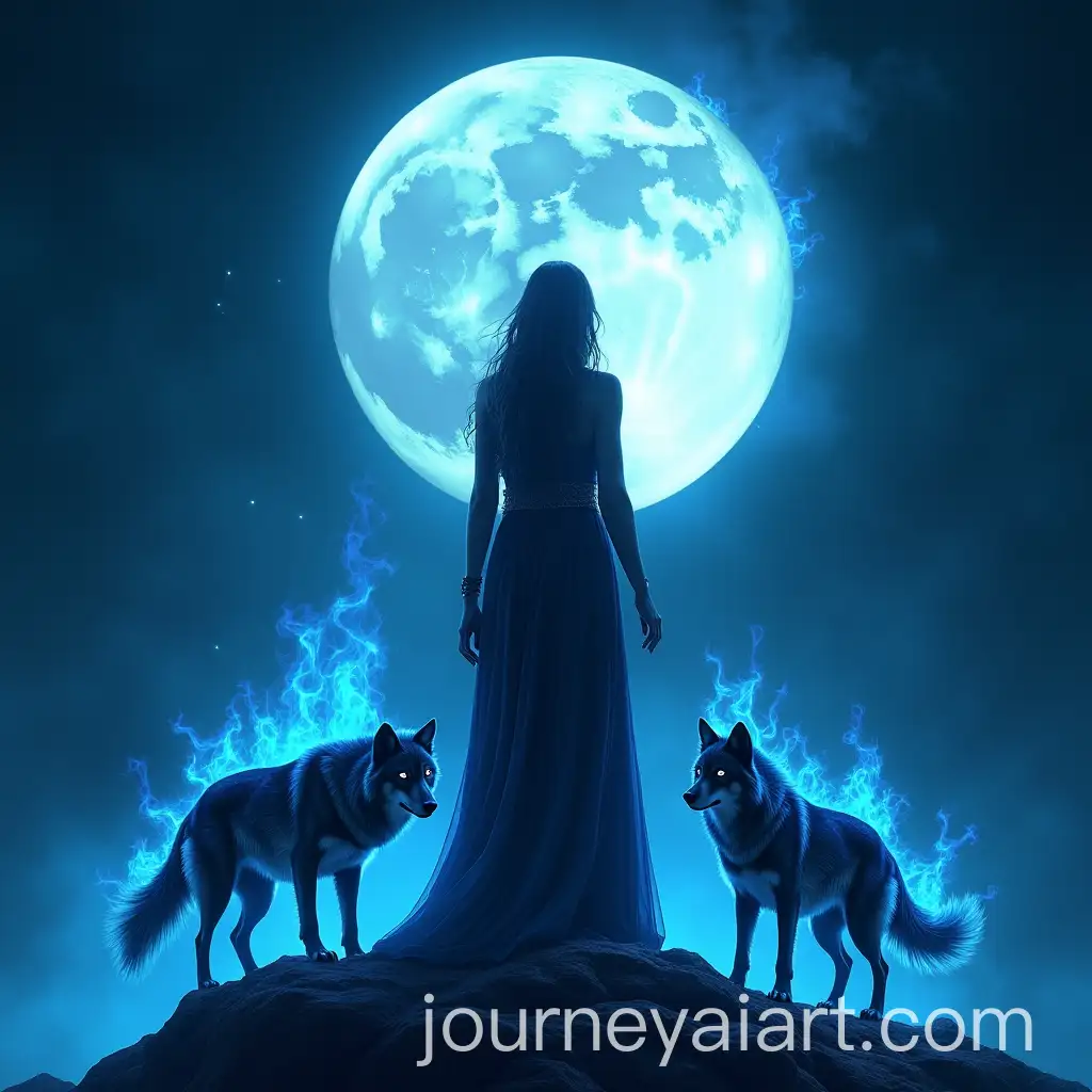 Moon-Priestess-Standing-on-Rock-Surrounded-by-Blue-Flame-Wolves