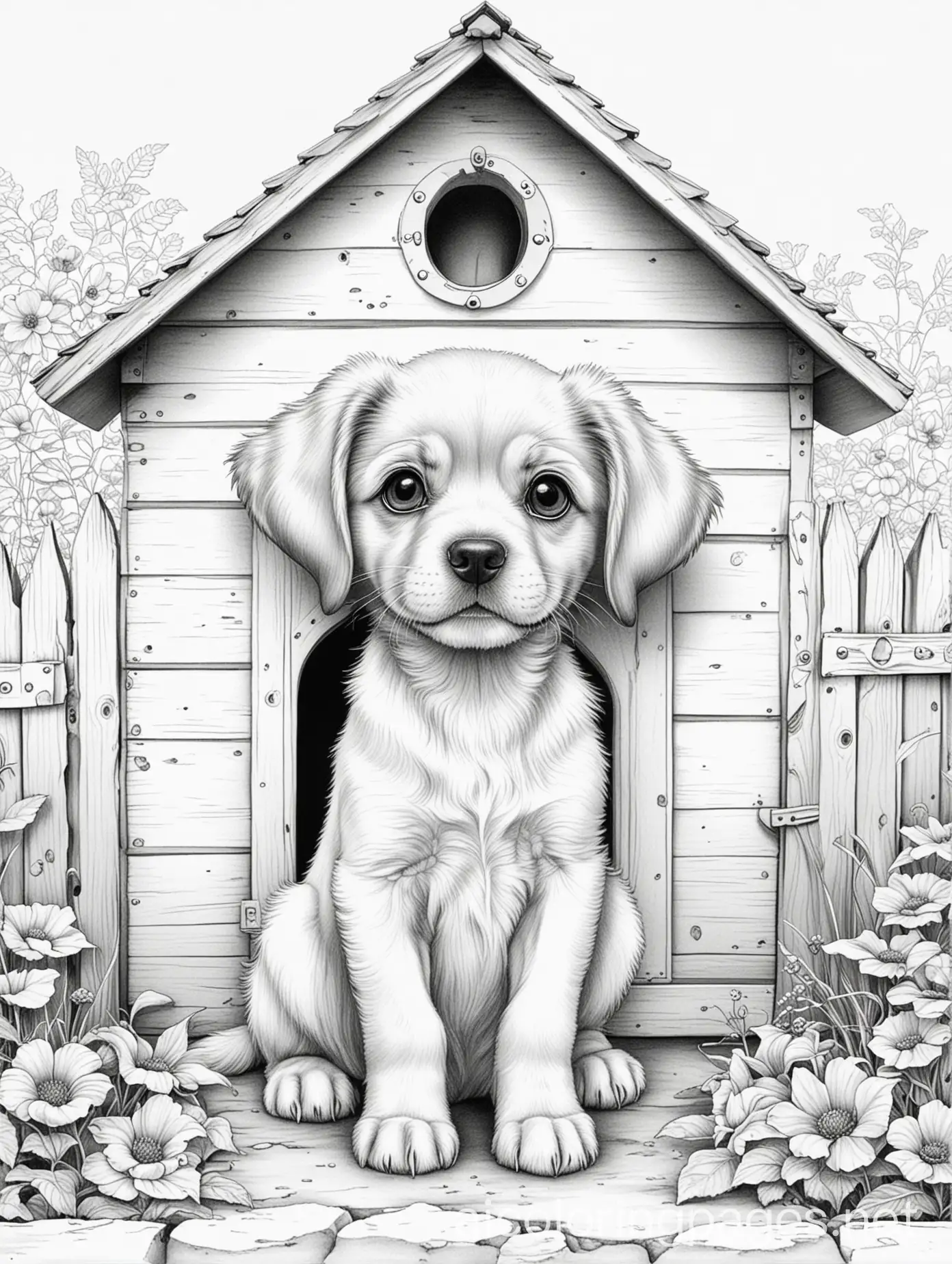 Adorable-Line-Drawing-of-a-Puppy-in-Front-of-a-Dog-House