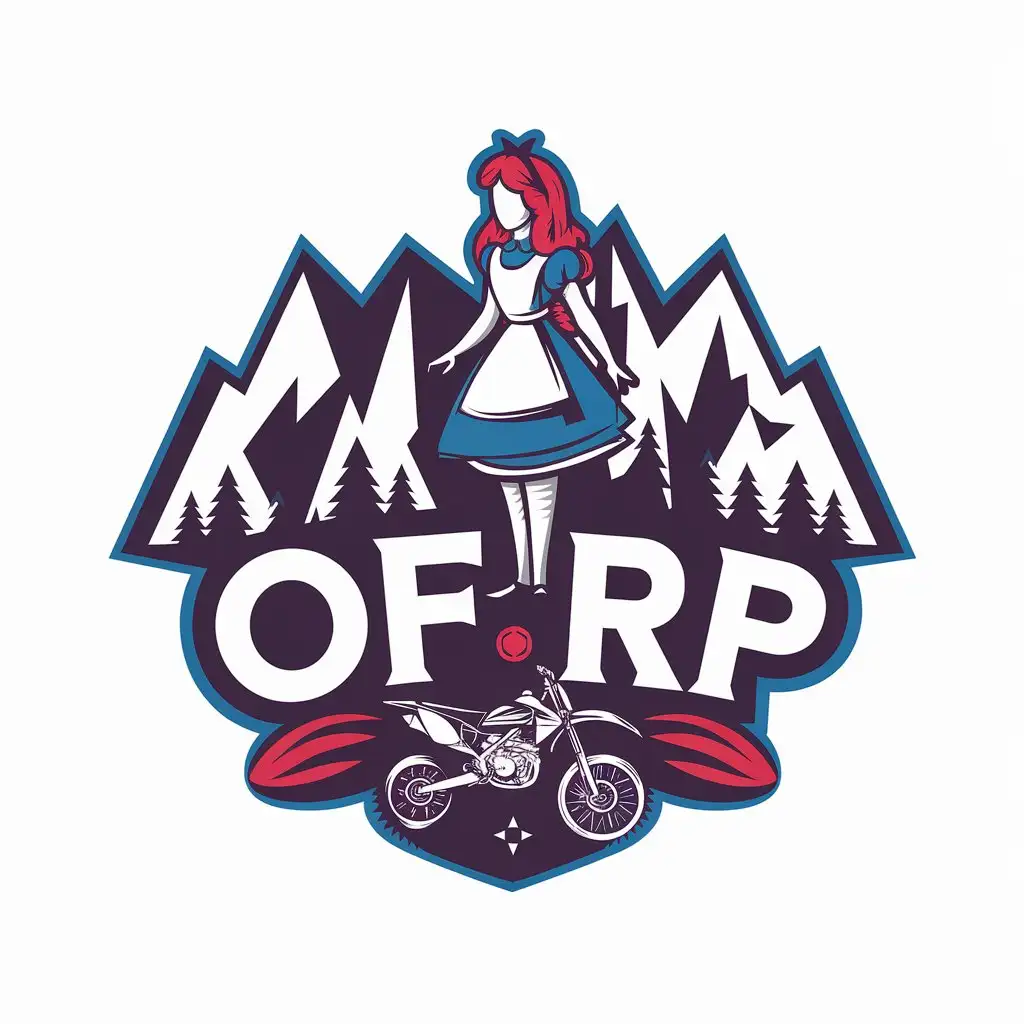 a vector logo design,with the text "Ofrp", main symbol:Kind redhead Alice in Wonderland among mountains, motocross motorcycle, bright colors,Minimalistic,be used in Others industry,clear background