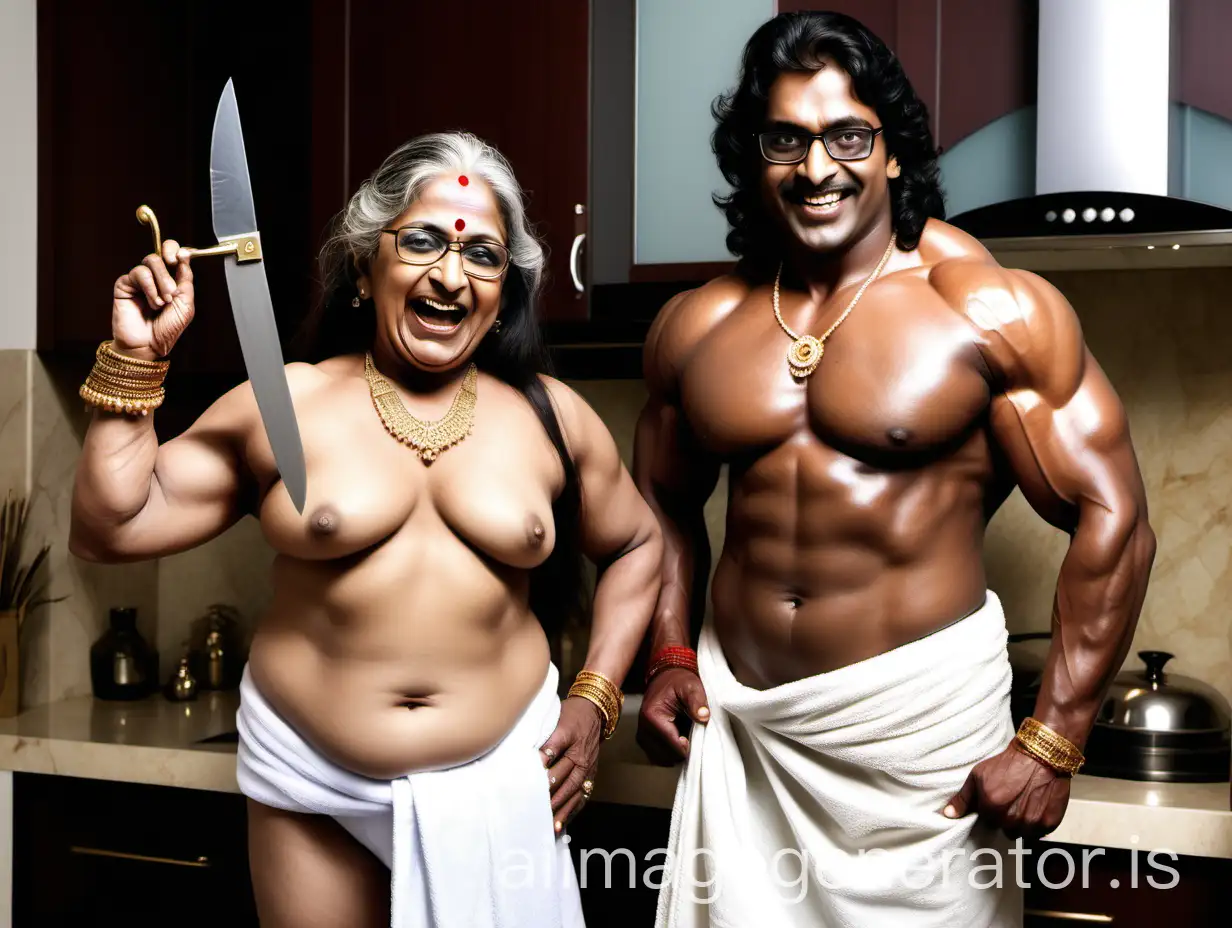 Indian-Bodybuilder-Man-and-Curvy-Woman-Laughing-in-Luxurious-Kitchen-at-Night-with-Rain